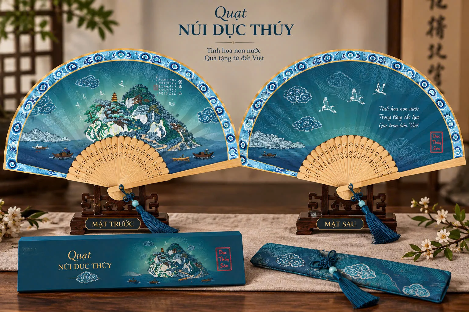 Trọn bộ quà Núi Dục Thúy: quạt lụa, hộp và túi lụa